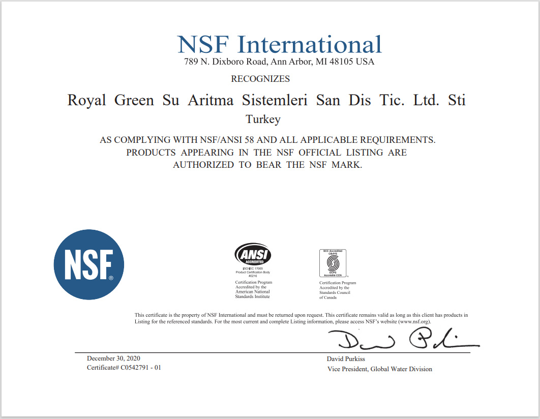royal green nsf 58 sertifikasi