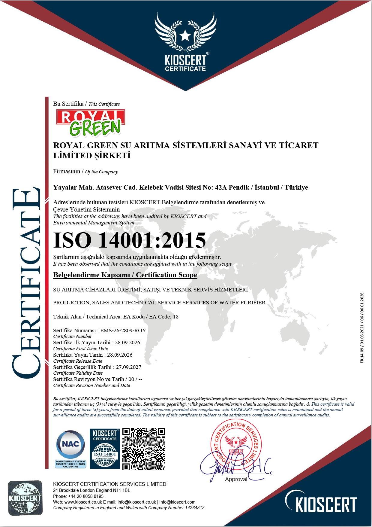 Sertifikalar 6 ROYAL GREEN 14001 BELGESI