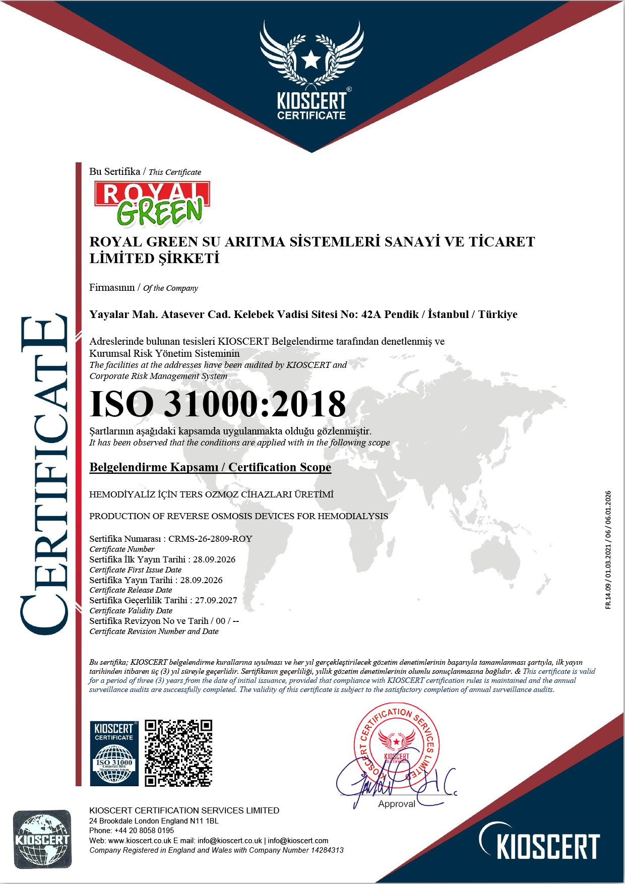 Sertifikalar 9 ROYAL GREEN 31000 BELGESI