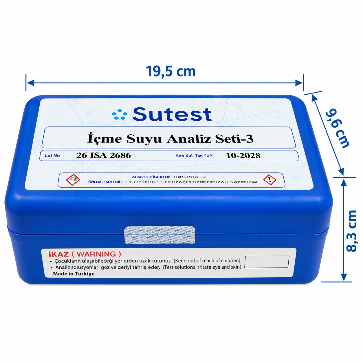 Sutest İçme Suyu Analiz Seti-3 mavi plastik kutu ölçüleri: 19,5 cm uzunluk, 9,6 cm genişlik ve 8,3 cm yükseklik
